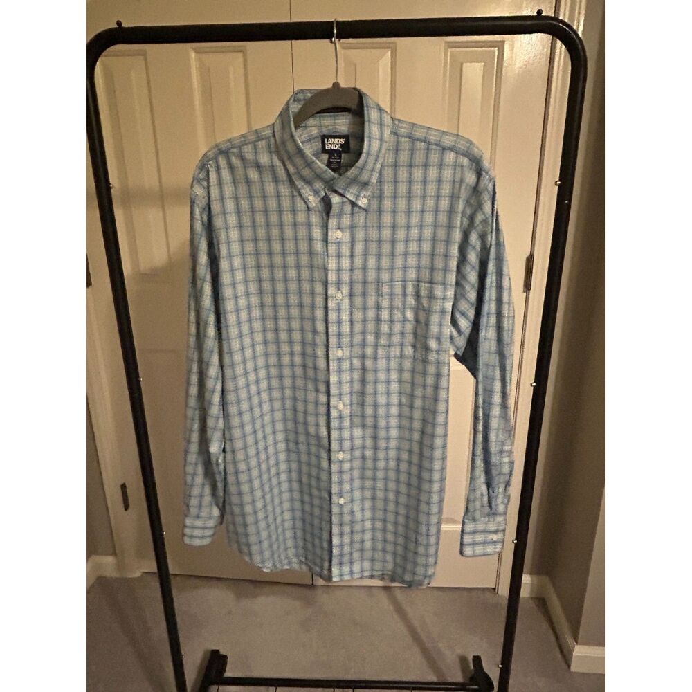 Lands' End Men's Large No-Iron Supima Pinpoint Plaid Casual Dress Shirt